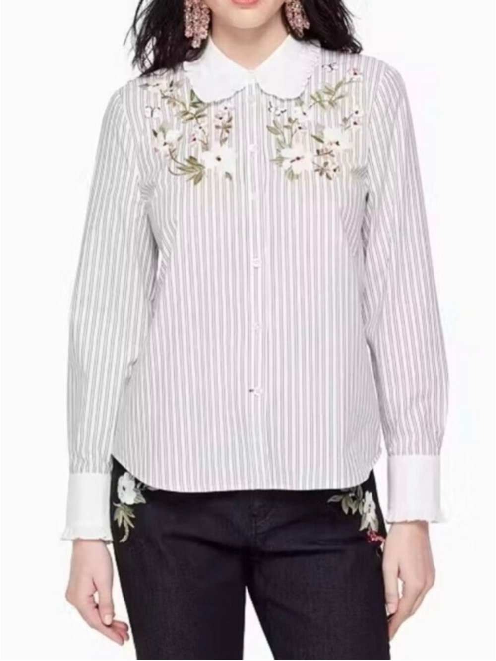 Kate Spade Embroidered Stripe Ruffle Top Size Large Botanical Ruffle Collar
